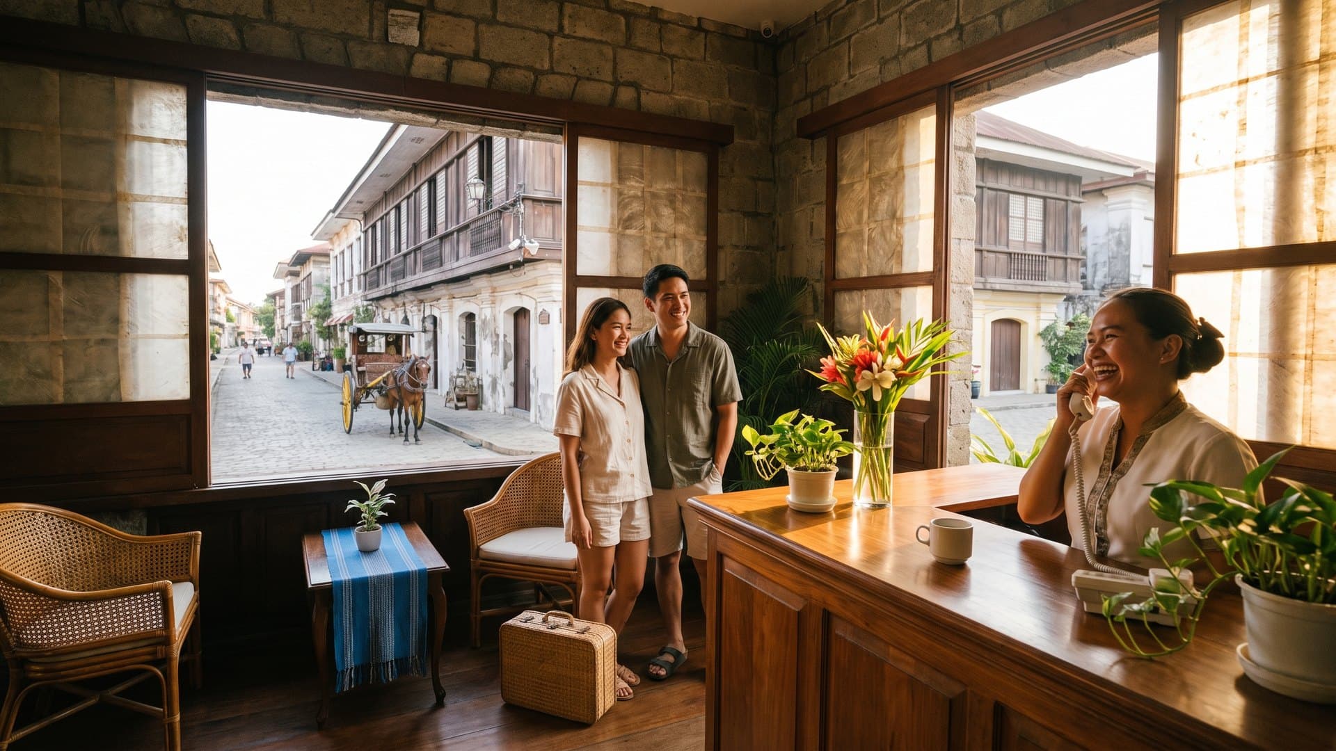 Nakangiting receptionist na may kausap sa telepono sa reception ng isang heritage inn sa Vigan; sa labas ng bintanang capiz ang Calle Crisologo at isang kalesa
