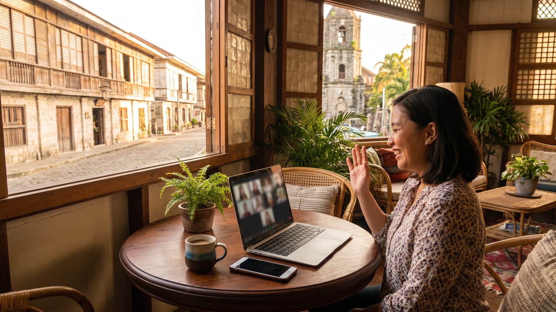 Mesa sa tabi ng bukas na bintanang capiz sa Cebu, may laptop, telepono at kape, at babaeng kumakaway sa video call