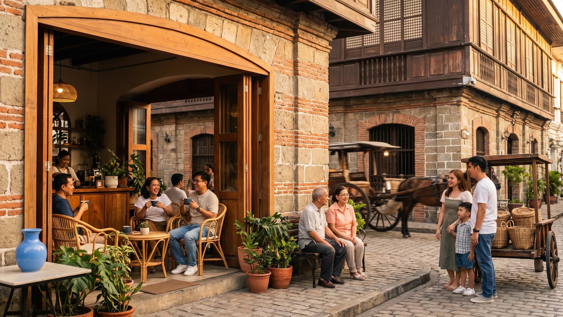 Masiglang kalye sa Vigan na may maliliit na tindahan at café sa mga lumang bahay na bato